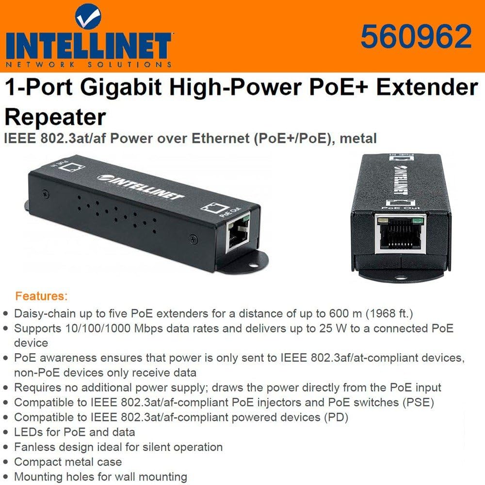 Intellinet Extender Repeater (560962) 1-Port Gigabit High-Power PoE+