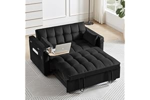 WIIS' IDEA Convertible Sofa Bed,3-in-1 Velvet Sleeper Couch Pull-Out Bed,55'' Loveseat Sleeper Sofa Bed with Adjustable Backrest with 2 Pillows and Storage Bag & USB Port and Hidden Side Computer Table,Black