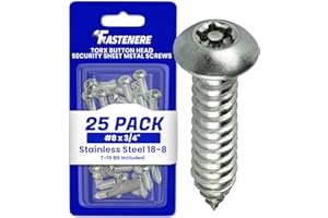 Fastenere Torx Security Sheet Metal Screws - #8 x 3/4" (25-Pack) Button Head, Tamper-Resistant, Anti Theft Stainless Steel Screws for Higher Level of Safety & Secure Fastening Solution