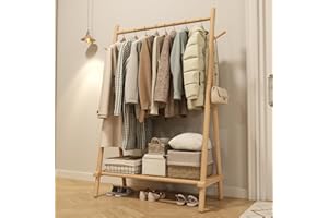 KASLANDI Solid Wood Clothes Rack, Clothing Rack with Shelf and Hook, Sturdy and Portable, Garment Rack for Hanging Clothes,Coats,Skirts,Shoes,Bags,Easy to Assemble (Natural)