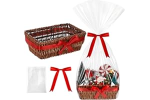 Threehoney Christmas Wicker Gift Basket Empty to Fill 12x7x5" Woven Empty Baskets for Gifts with Bag and Bow Ribbon for Christmas Baby Shower Birthday Wedding Favor Wrapping(Brown)