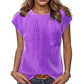 HOTOUCH Cap Sleeve Shirt Top for Womens Trendy Crew Neck Blouse Basic Textured Tshirts Tunic with Pocket S-XXL
