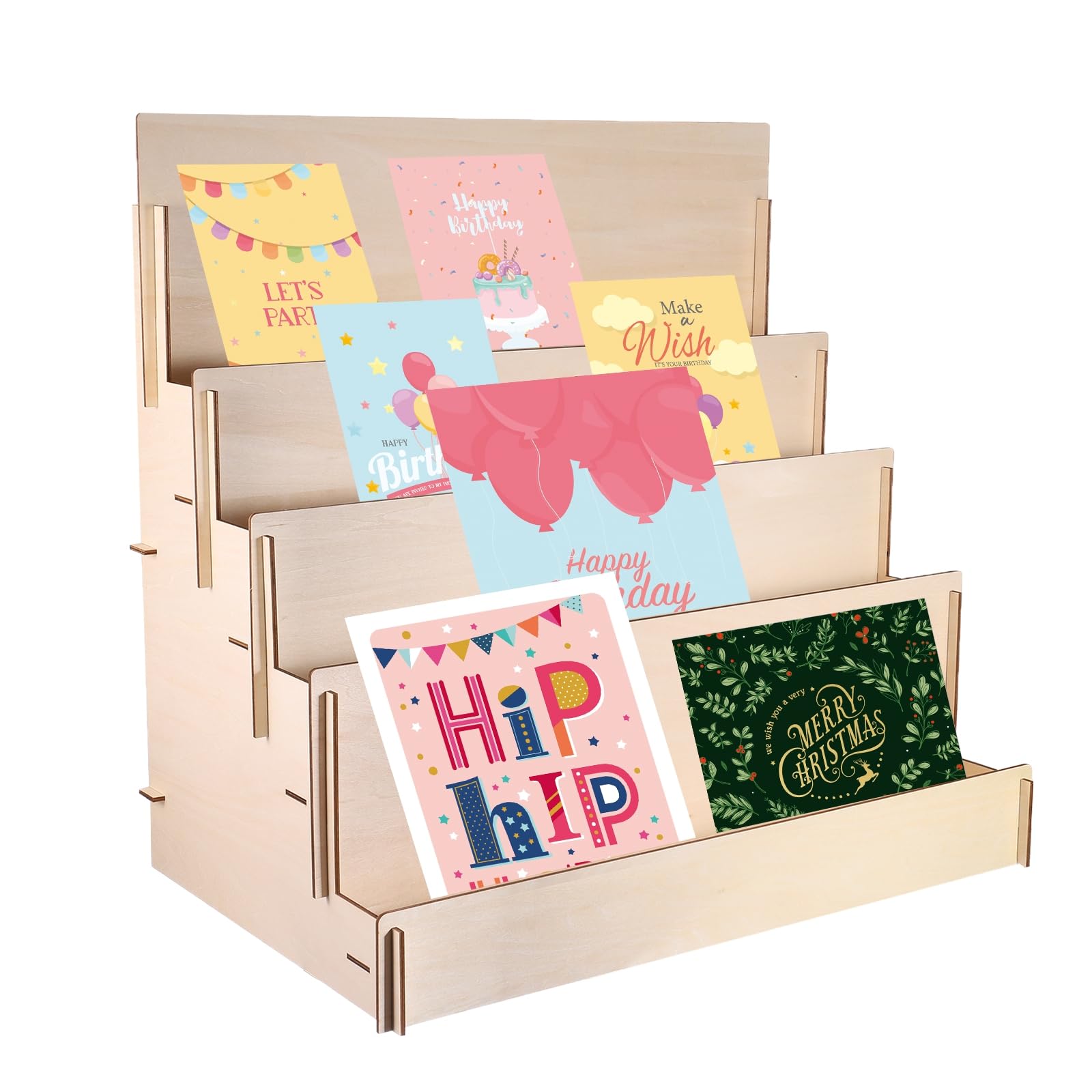 PATIKIL Greeting Card Display Stand, 4 Tiered Sticker Display Holder Portable Postcard Display Stand Wooden Greeting Card Display Rack for Card Photo, 23 x 15 x 22.5, Beige