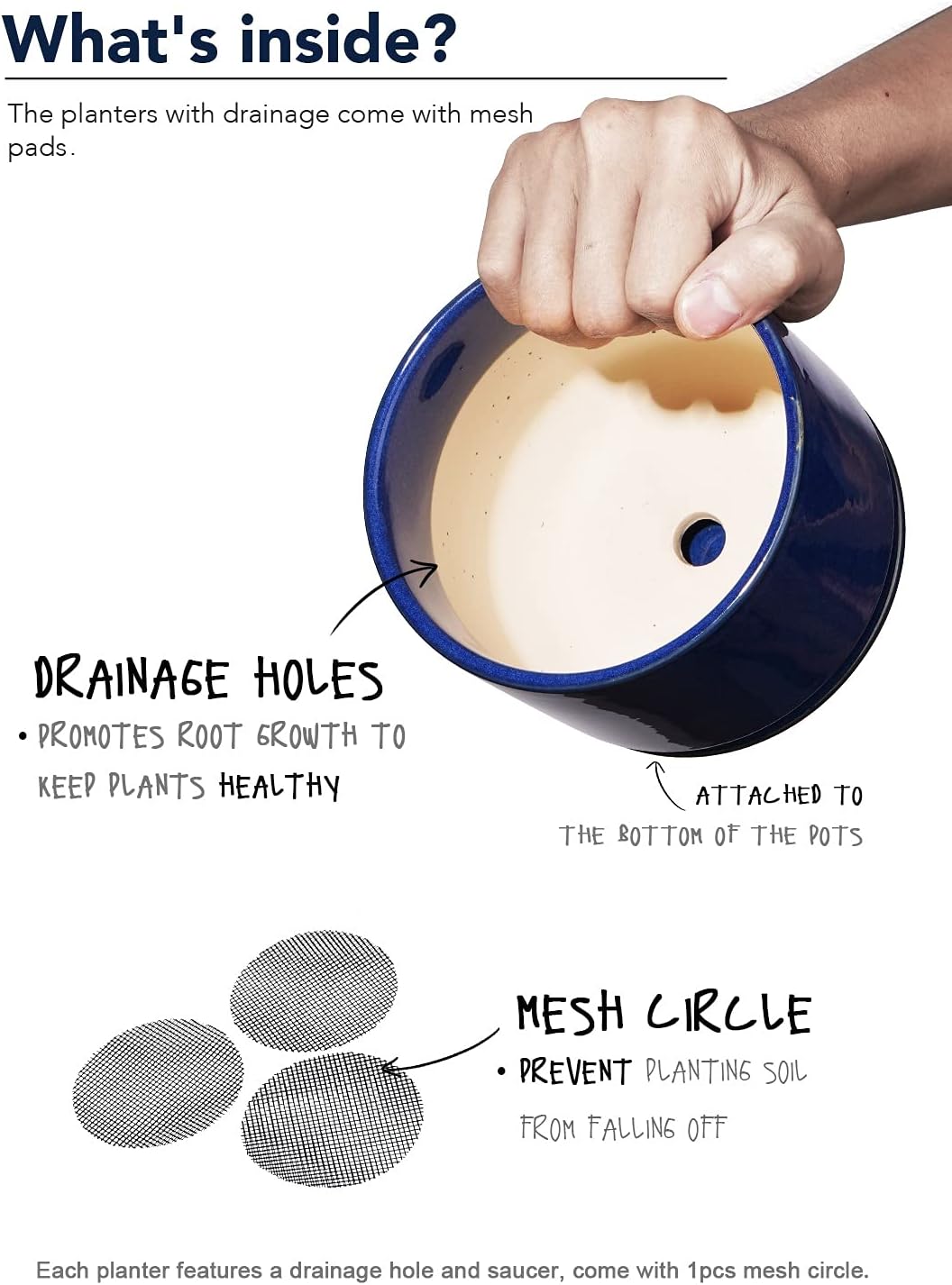 LE TAUCI Plant Pots 4.5" & 5.3" & 6.5" Flower Pot with Drainage Holes and Saucers, Ceramic Pots with Tray, Outdoor Garden Planters, with Mesh Pads, Set of 3, Sapphire Blue: Garden & Outdoor