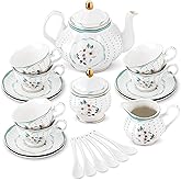 fanquare 21 Pieces Royal Style Porcelain Tea Set with Gold Trim, Vintage White Camellia Polka Dots Tea Sets, 6 Teacup and Saucers for Party Home Wedding