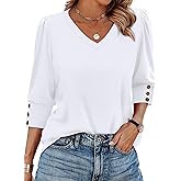 XIEERDUO Womens 3/4 Sleeve Tops with Buttons V-Neck Summer Outfits Casual Blouses Shirts Beach Vacation Fall Clothes 2025
