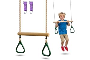 TRAILBLAZE Wooden Trapeze Swing Bar for Kids - 18" Adjustable Height Monkey Bars Rings Swingset Accessories - Ninja Warrior Obstacle Course for Kids - Jungle Gym Accessories Playground Attachments