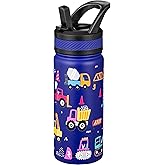 Fanhaw 18 Oz Kids Insulated Water Bottle with Straw - Stainless Steel Double Wall Vacuum Cup, Leakproof, BPA Free, Suitable for Boys and Girls(Blue - Under Construction)