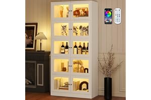 Lamtor 68" Display Cabinet with Glass Doors - 5-Tier Tall Curio Cabinet with Storage for Collectibles, Modern Glass Display Case with RGB LED Lights for Kitchen, Living Room and Bedroom, White