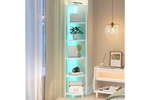 Hzuaneri Corner Shelf with LED Light, 6-Tier Corner Bookshelf, Tall Narrow Display Bookcase with Metal Frame, Standing Shelf 