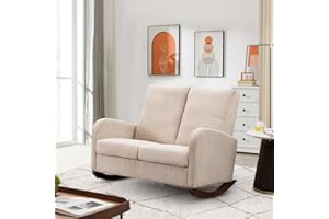 Antetek Modern Double Rocking Chair, Oversized Glider Rocker for Nursery and Kids, Loveseat Accent Armchair with High Backrest and Wide Pocket, Upholstered Lounge Chair for Living Room, Beige