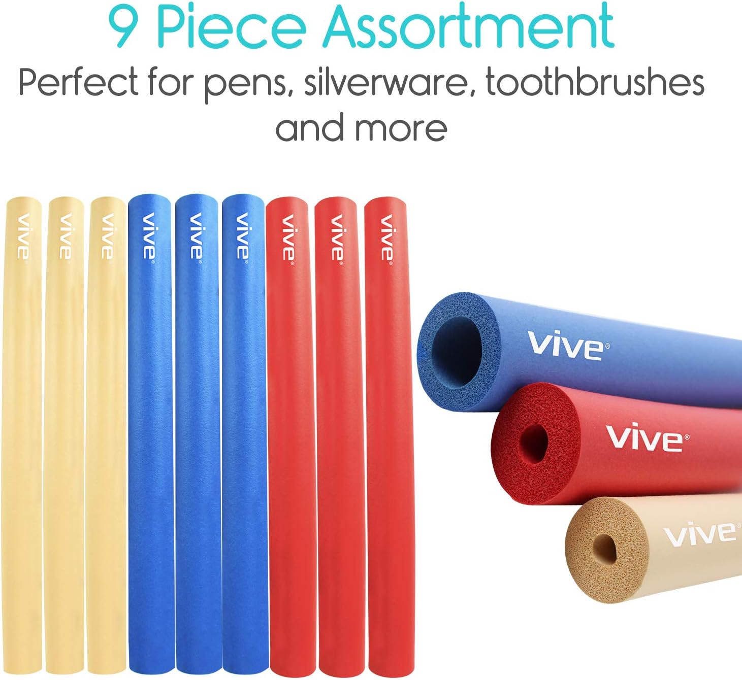 Vive Foam Tubing (9 Pack) - Utensil Padding Grips - Spoon, Fork Round Hollow Medical Closed Cell Tube - Cut to Length - Provides Wider, Larger Grip Pipe Tool for Dexterity, Disabled, Elderly: Health & Personal Care