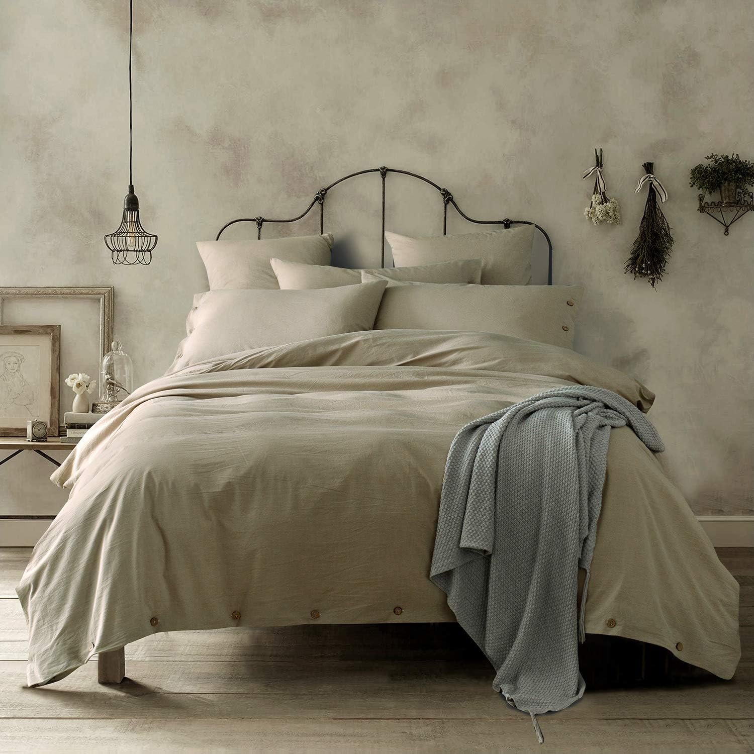 Doffapd Duvet Cover King, Washed Cotton Solid Color Duvet Cover Set with Button Closure - 3 Piece (King, Khaki)