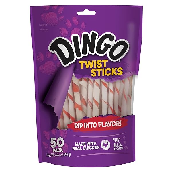 DINGO TWIST STICKS 50 COUNT, PREMIUM RAWHIDE TREATS FOR DOGS MADE WITH REAL CHICKEN 50-COUNT