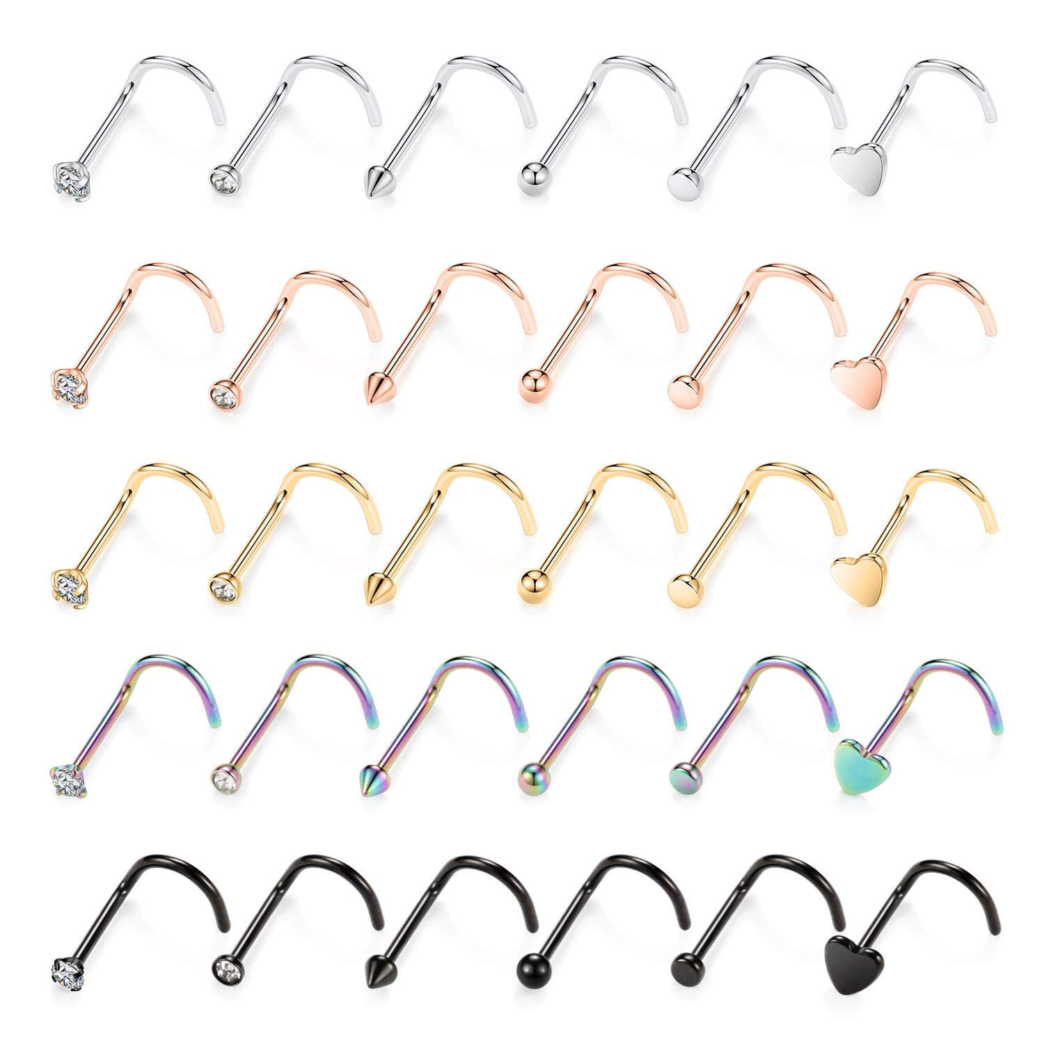 hengkaixuan 30 Pieces Nose Rings Surgical Steel 20G Heart Nose Screw Rings Studs 2mm CZ Body Piercing Jewellery for Womens Mens