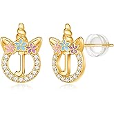 925 Sterling Silver Unicorn Earrings, 14K Gold/Rose Gold/Silver/Unicorn Earrings for Girls Kids Toddler Little Girls Hypoallergenic Letter Initial Earrings for Girls Christmas Gifts
