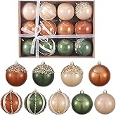 12 Pcs Christmas Ball Ornaments Set Brown Green Champagne Luxury Neutral Shatterproof Christmas Tree Decorations 3.15 Inch Glittering Decorative Hanging Ornament Bulk for Xmas Tree Holiday Party Decor