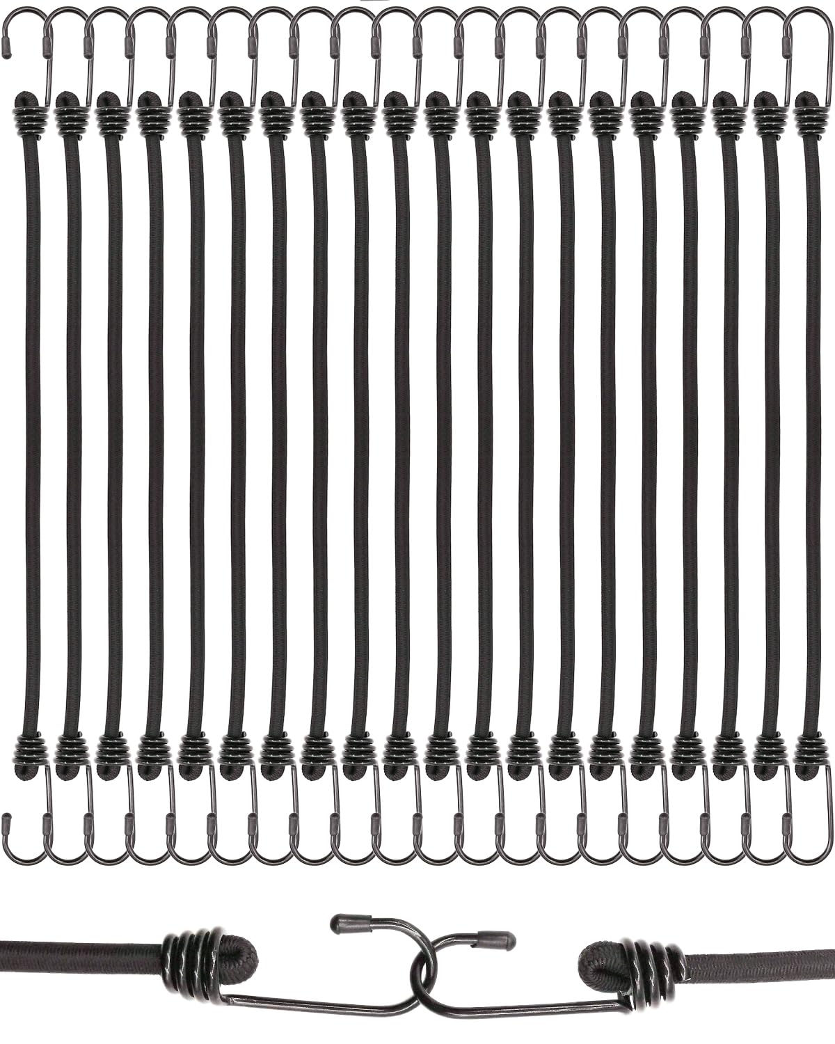 BINCKIN Black Bungee Cords with Hooks 40cm, 20 Pcs Heavy Duty Bungees with Hooks, Bungee Straps with Hooks for Camping Tarp, Tents, Canopy and Fixings (Black)