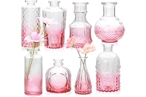 Brajttt Pink Flower Vase Set, Glass Bud Vase in Bulk Set of 8,Artistic and Cultural Flavor Mini Vases for Home Office Decor, Bedroom, Office, Living Room Decorations,Wedding