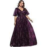 MIMIFINA Plus Size Women's V Neck Ruffles Flutter Sleeve Embroidered Lace A Line Maxi Dress for Wedding Party Evening