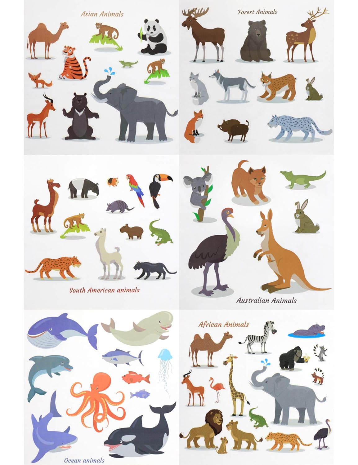 Fiomia Adorable Animals Temporary Tattoos Ocean Forest Asian Australian African South American Cartoon Sticker Face Decal Body Glitter for Children Kids Girls Waterproof Removable 64Designs 6Sheets