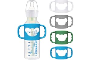 Ami.Todfo 4 Pack Silicone Baby Bottle Handles for Dr. Brown's Narrow & Wide Baby Bottles Hoder, Easy Grip Self-Feeding Universal Bottle Handle, BPA-Free, 100% Silicone, White, Gray, Blue, Green
