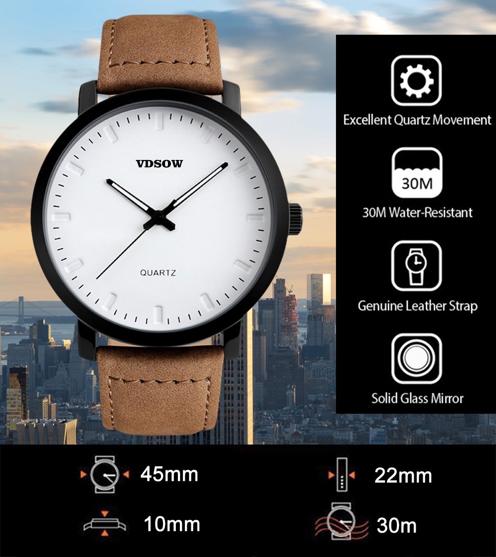 Homme poignet montres avec bracelet cuir Marron - Classic Big Face analogique montre à quartz, 3 ATM étanche Mode décontracté Business Robe montres avec date Calendrier Design Simple pour homme