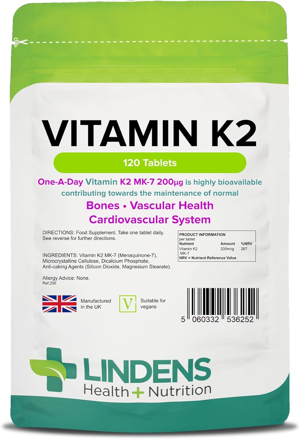 Lindens Vitamin K2 MK-7 200mcg 120 Tablets UK Made Vegan One a Day