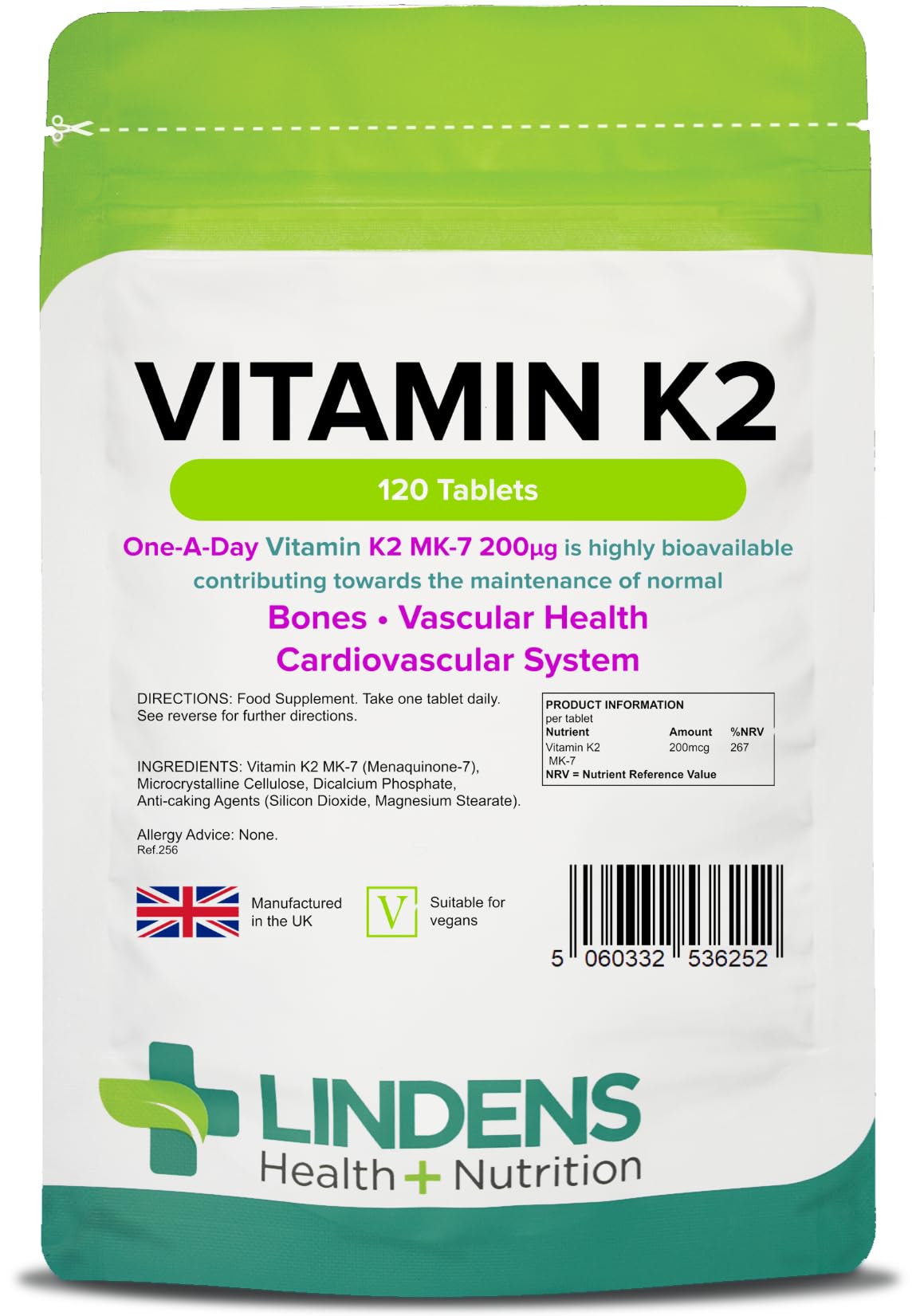 Lindens - Vitamin K2 200mcg, 120 Tablets - 1 a Day, UK Made - Highly Bioavailable - Bone, Vascular Health & Cardiovascular System - Menaquinon MK-7 - Letterbox Friendly, Vegan