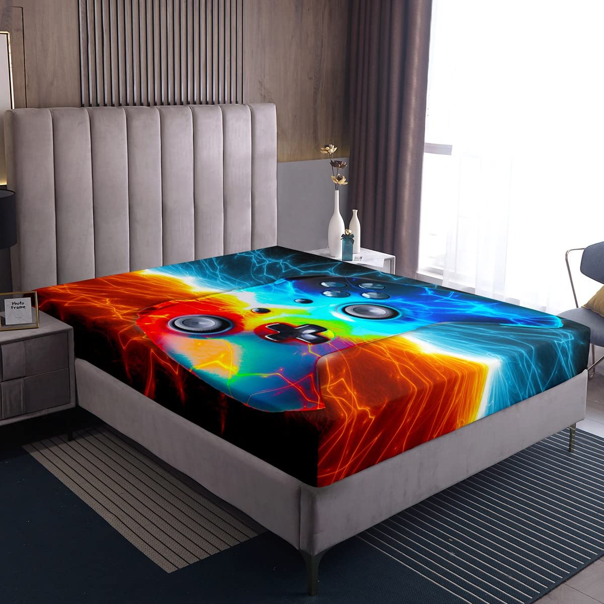 Boys Games Fitted Sheet 100% Microfiber Breathable Lightning Gamepad Only Bedsheet No Pillowcases Game Controller Fitted Sheets Double(135x200+30cm)