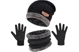 IYEBRAO 3-Pieces Winter Beanie Hat Gloves Scaef Thick Warm Knit Hat Touch Screen Gloves Neck Warmer Cold Weather Men & Women