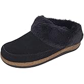 Clarks Womens Slipper Suede Leather Scuff Toe - Plush Faux Fur Collar/Lined With A Cork Midsole - Open Back Indoor Outdoor House Slippers For Women (Black US 7)