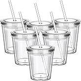 FoldTier 6 Pcs Clear Tumblers with Lid and Straw for Kids, 12 oz Insulated Acrylic Double Wall Cups Toddlers Reusable Plastic Cup Kids Bulk (Clear Lid)