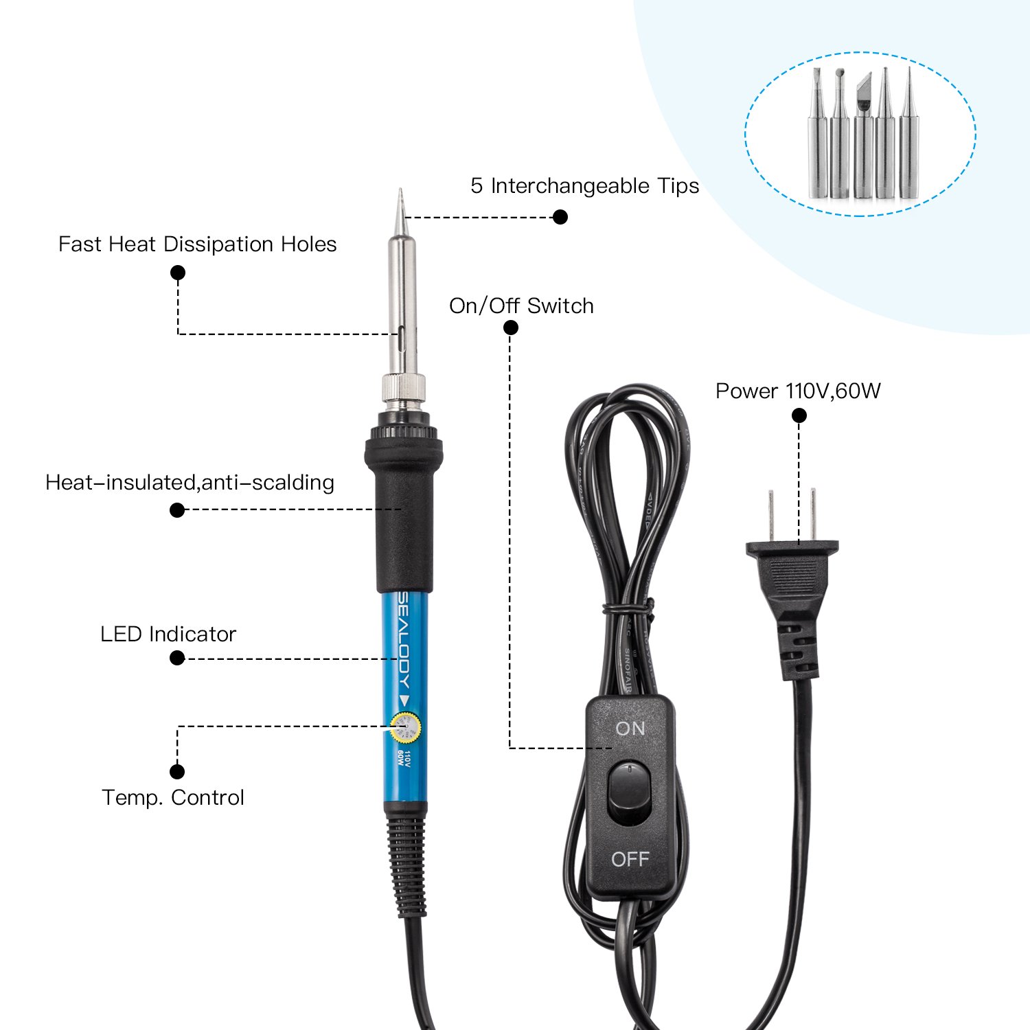 Soldering Iron Kit, Including 60W Temperature Control Soldering Iron with ON/OFF Switch, Tips, Solder Sucker, Desoldering Wick, Solder Wire, Anti-static Tweezers and Stand with Cleaning Sponge