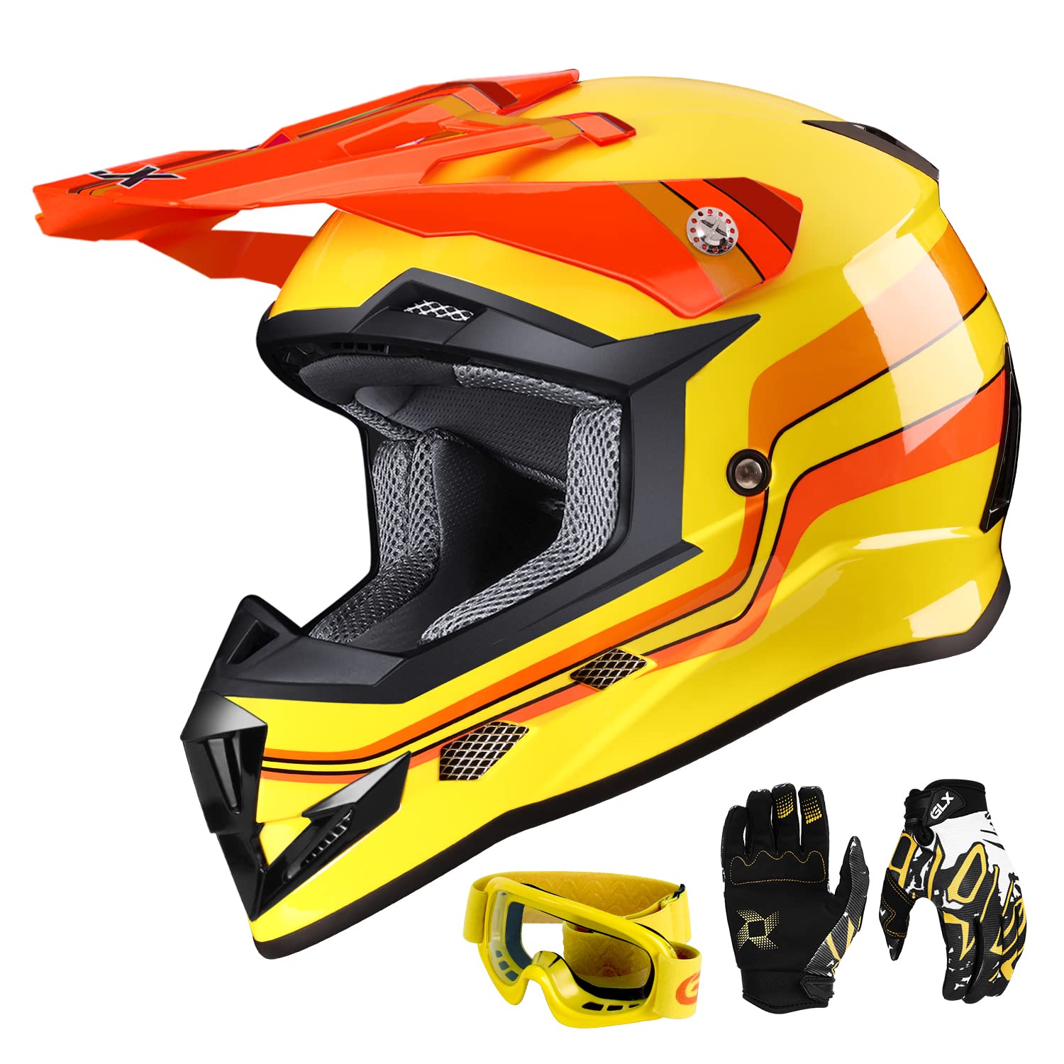 GLX GX623 Youth ATV/Dirt Bike Helmet Combo - Retro Yellow, Large - DOT Image