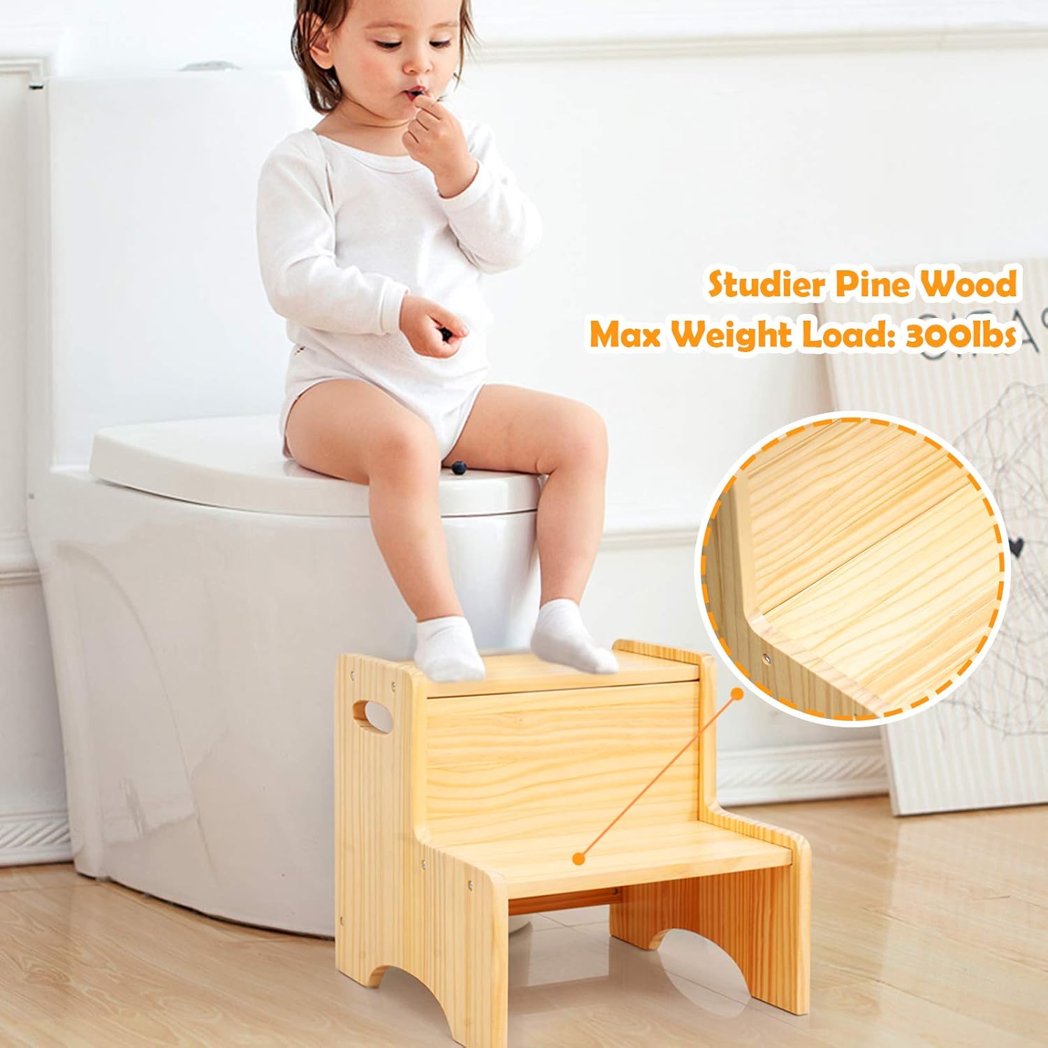 WOOD CITY Toddler Step Stool for Kids, Wooden Two Step Children's Stool with Handles, Bonus Non-Slip Pads for Safety, Bathroom Potty Stool & Kitchen Step Stools, Pine Wood: Furniture & Decor