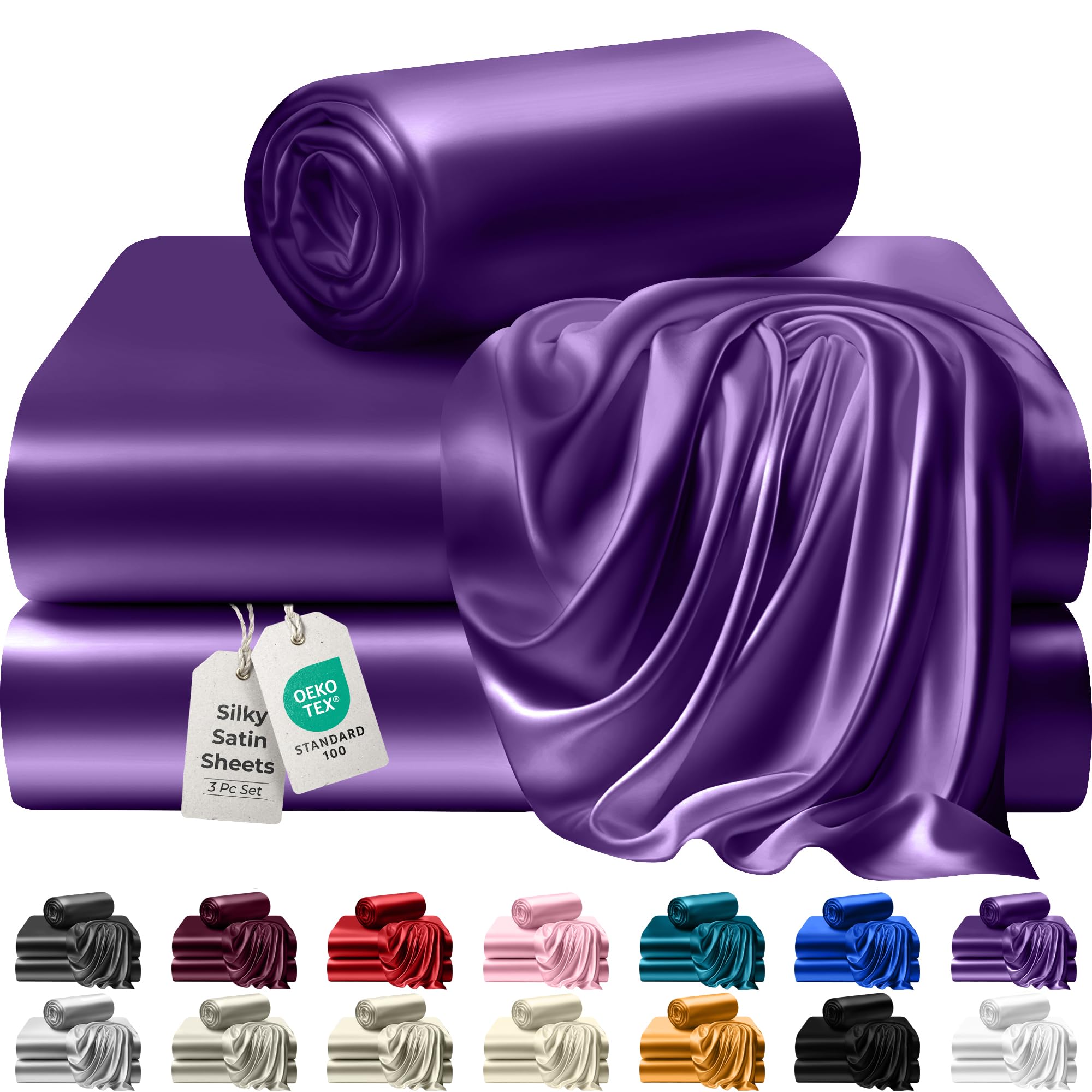 DECOLURE Satin Sheets Twin Size Set 3 Pcs - Silky