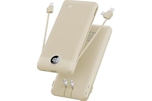 VRURC Portable Charger Built-in Cables and AC Wall Plug, USB C Power Bank 10000mAh, Portable Phone Charger Compact Lightweight External Battery Pack for Smart Phones, Tablets etc-Light Coffee