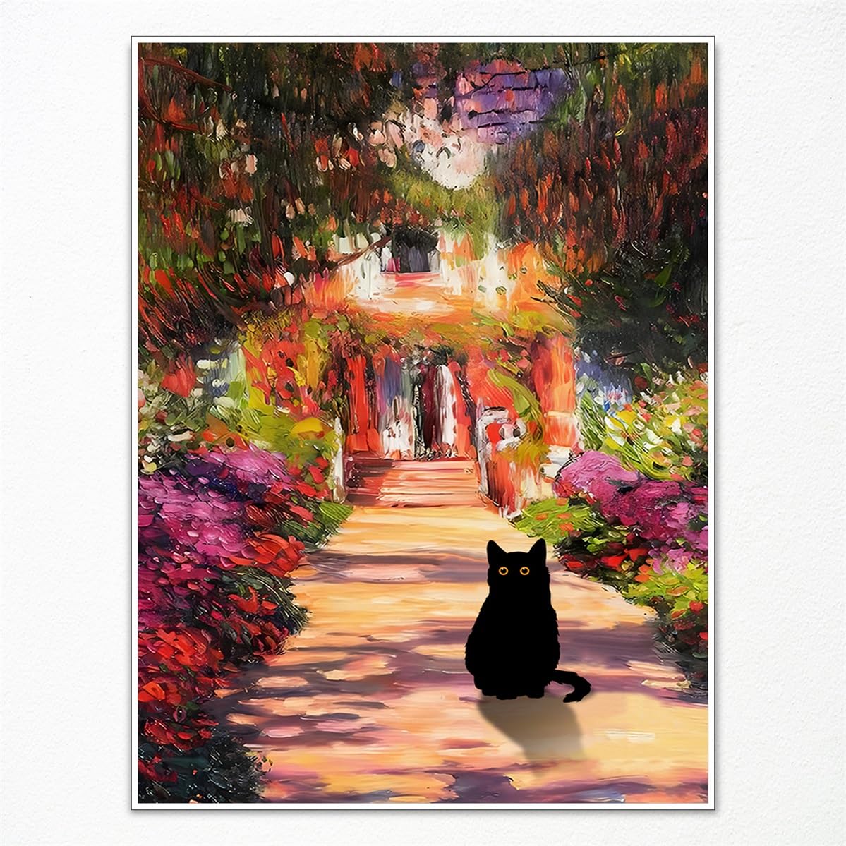 GAINOW Vintage Monet Garden Cat Canvas Art Famous Oil Painting Monet Flowers Black Cat Poster Funny Floral Print Room Decoration for Bedroom 30x40cm Unframed