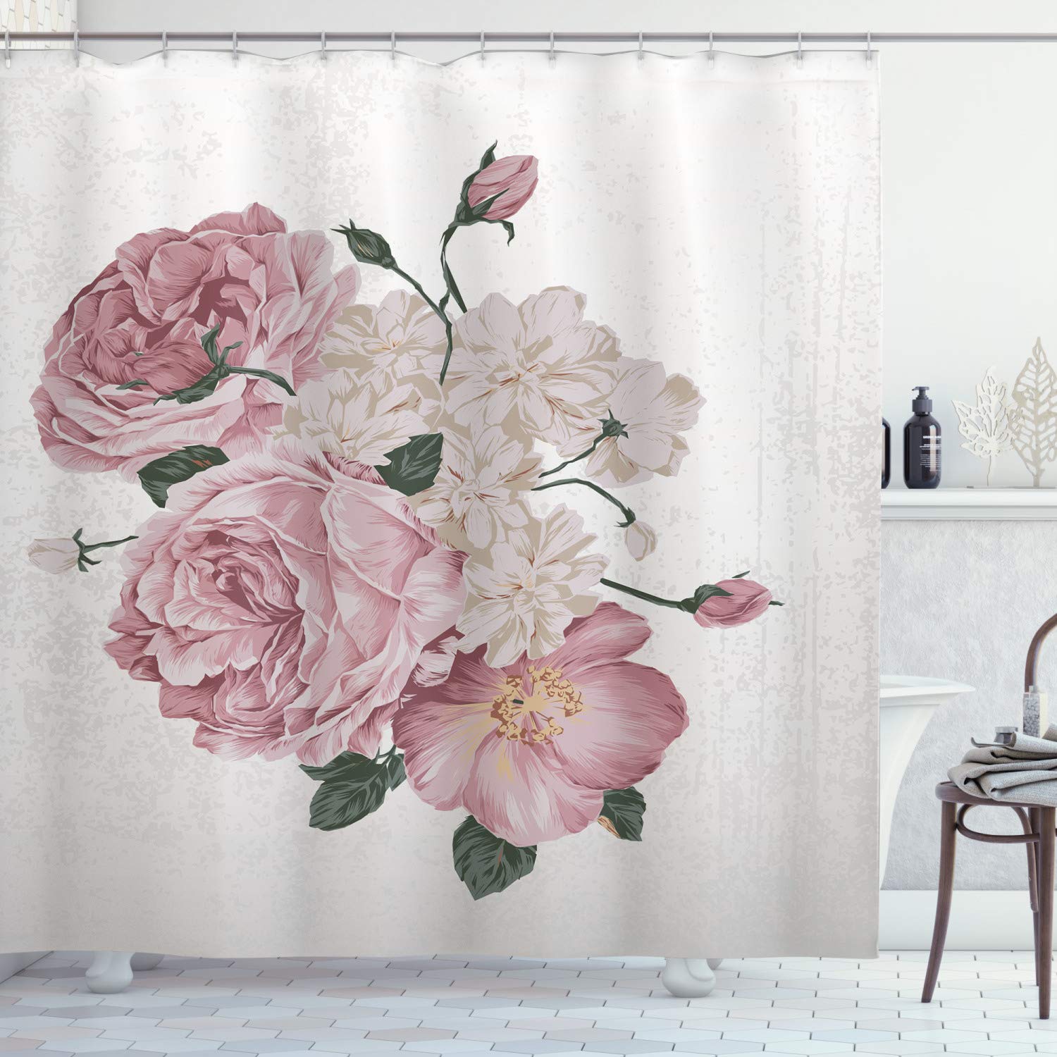 ABAKUHAUS Rose Shower Curtain, Old Vintage Roses Corsage on Grunge Background Antique Romantic Springtime Art, Cloth Fabric Bathroom Decor Set with Hooks, 175 x 200 cm, Beige Rose Green