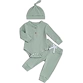 Murnouche Newborn Baby Boy Clothes 0 3 6 12 18 Months Ribbed Knitted Romper Pants with Hat Fall Winter Outfits