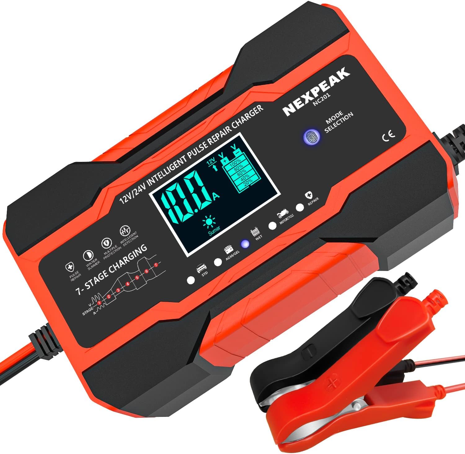 10-Amp Car Battery Charger, 12V and 24V Smart Fully Automatic Battery Charger Maintainer Trickle Charger w/Temperature Compensation for Car Truck Motorcycle Lawn Mower Boat Marine Lead Acid Batteries