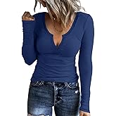 KINLONSAIR Women Casual Long Sleeve Tunic V-Neck Slim Fit T Shirts Basic Tee Tops Crew Neck Ribbed Knit Solid Shirt