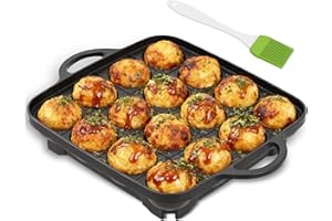 16-Hole Takoyaki Pan, Non-Stick Takoyaki Grill with Oil Brush, One-Piece Cast Design for Even Heating, Takoyaki Maker for Gas