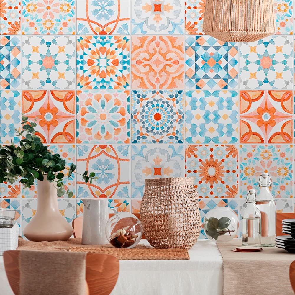 RE-COVERTILES Bathroom and Kitchen Tile Stickers, 24 Pcs, 10 x 10 cm, PS00235, Waterproof PVC Wall Decoration, Azulejos Cement Style Mosaic Tiles