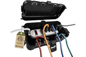 Flemoon Medium Outdoor Electrical Box (11.5x5.2x4 inch), IP54 Waterproof Extension Cord Cover w/6 Cable Entry Ports, Weatherproof Connection Box for Power Strip, Timer, Plug, Holiday Lights, Black
