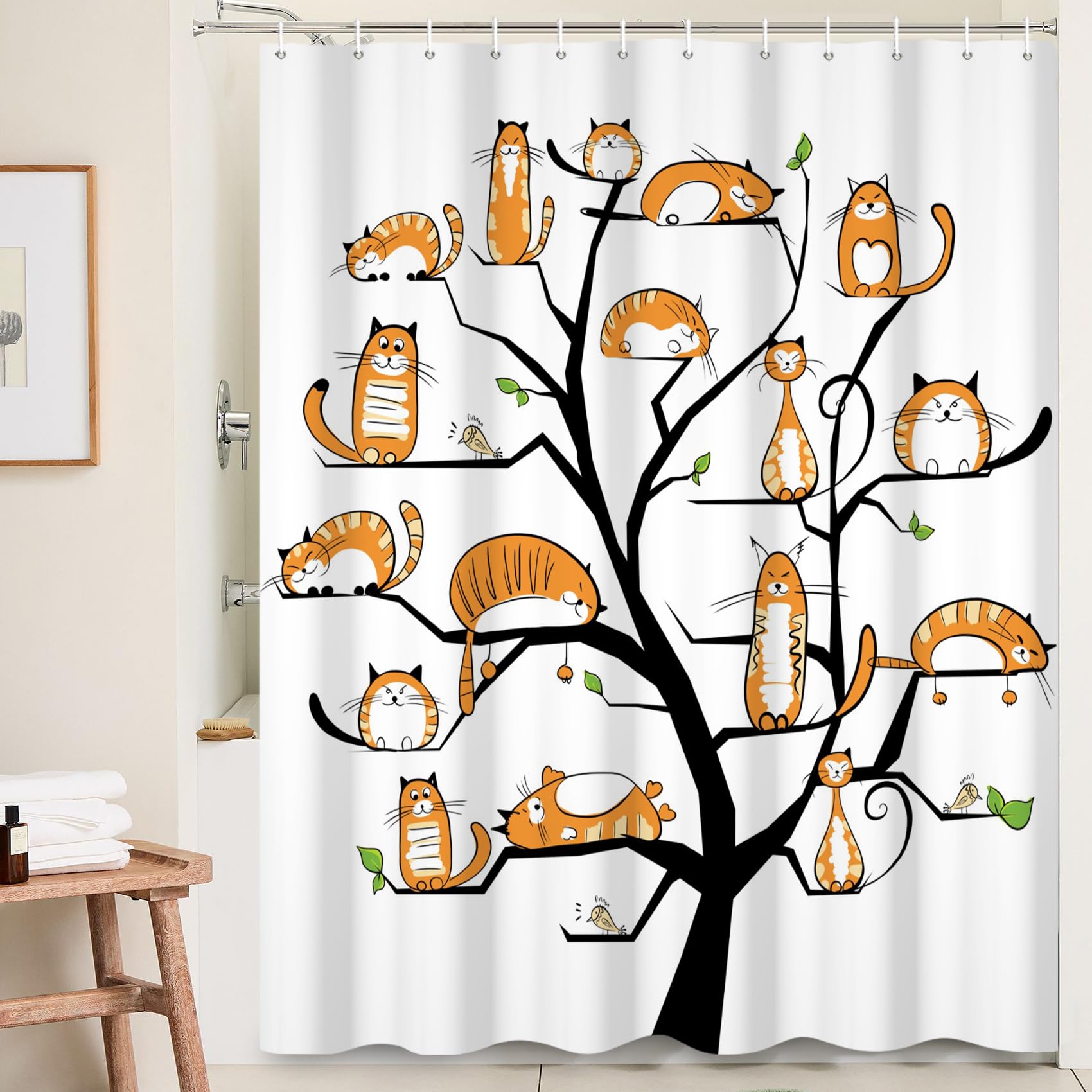 Ttincceer Cat Tree Shower Curtain Set Orange Cute Kitten Bath Curtain Watercolor Funny Animal Pet Cat Shower Curtains Washable Bathtub Curtain for Bathroom Decor, 152x183cm