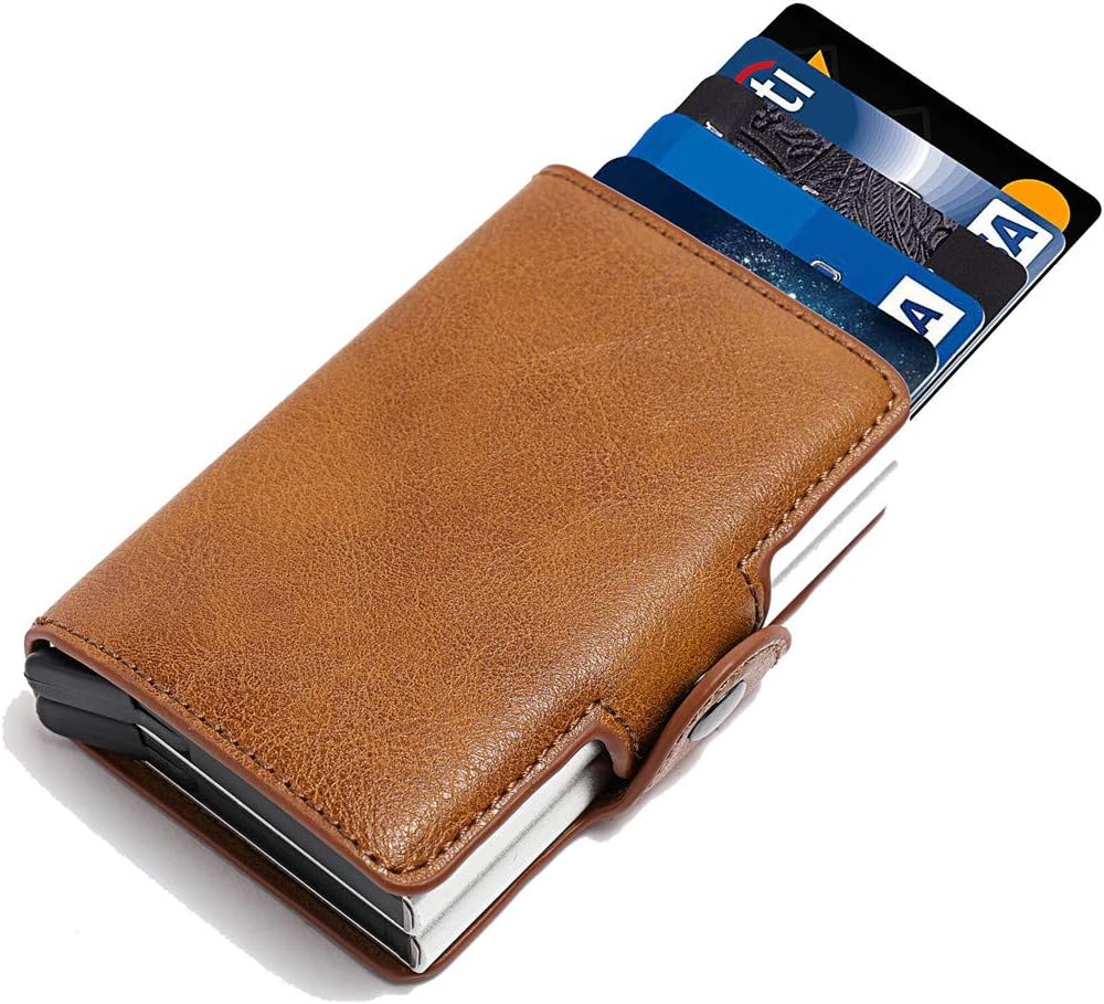 Credit Card Holder for Men - Slim Minimalist Wallet RFID Blocking Mens Wallets with Leather Case and Trigger, Bassa Brown