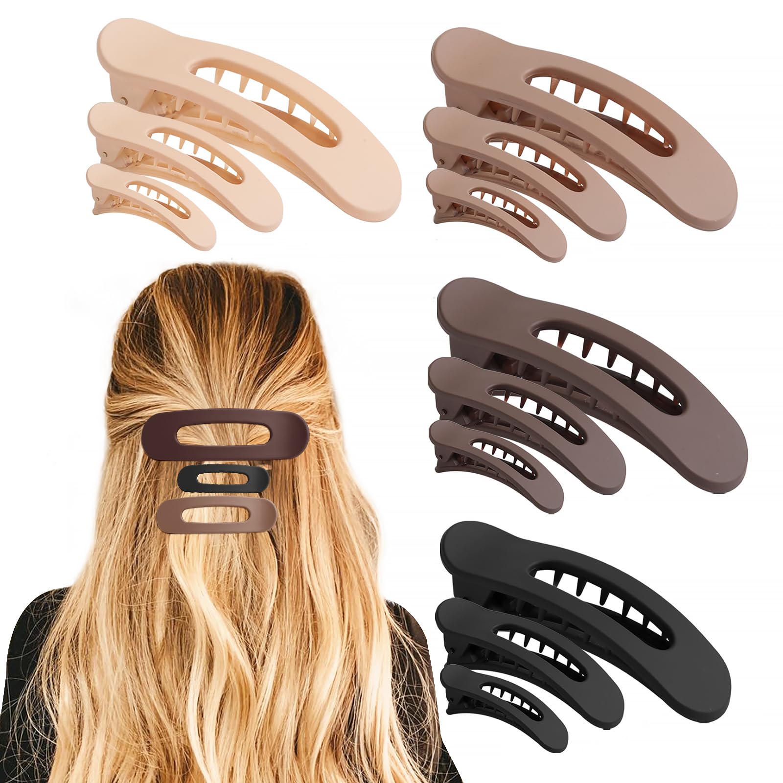 Photo 1 of 12PCS Flat Hair Clips, Flat Claw Clips for Thin Hair, Matte Lay Down Claw Clips for Women, 3 Sizes Alligator Hair Clips, Slide Hair Clips, Christmas Hair Accessories, Brown