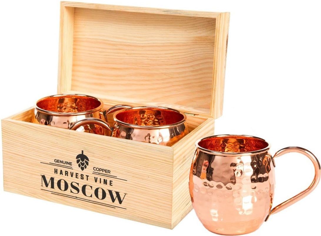Set of 2 Moscow Mule Copper Mugs in Natural Pine Wood Box | Heavy Duty Solid Copper Mugs with Recipe eBook | Hammered Finish, Classic Handle, 18 oz | Handmade Copper Cups by Harvest Vine